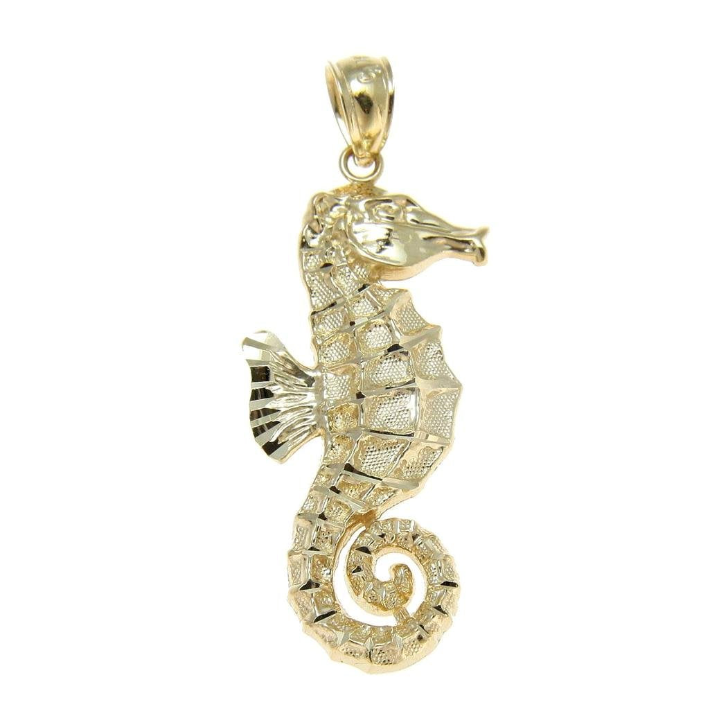 Arthur's Jewelry 14K solid yellow gold 15mm shiny Hawaiian diamond cut seahorse pendant