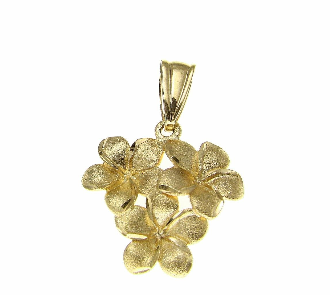 Arthur's Jewelry 14K Solid yellow gold 9mm Hawaiian plumeria flower cluster pendant