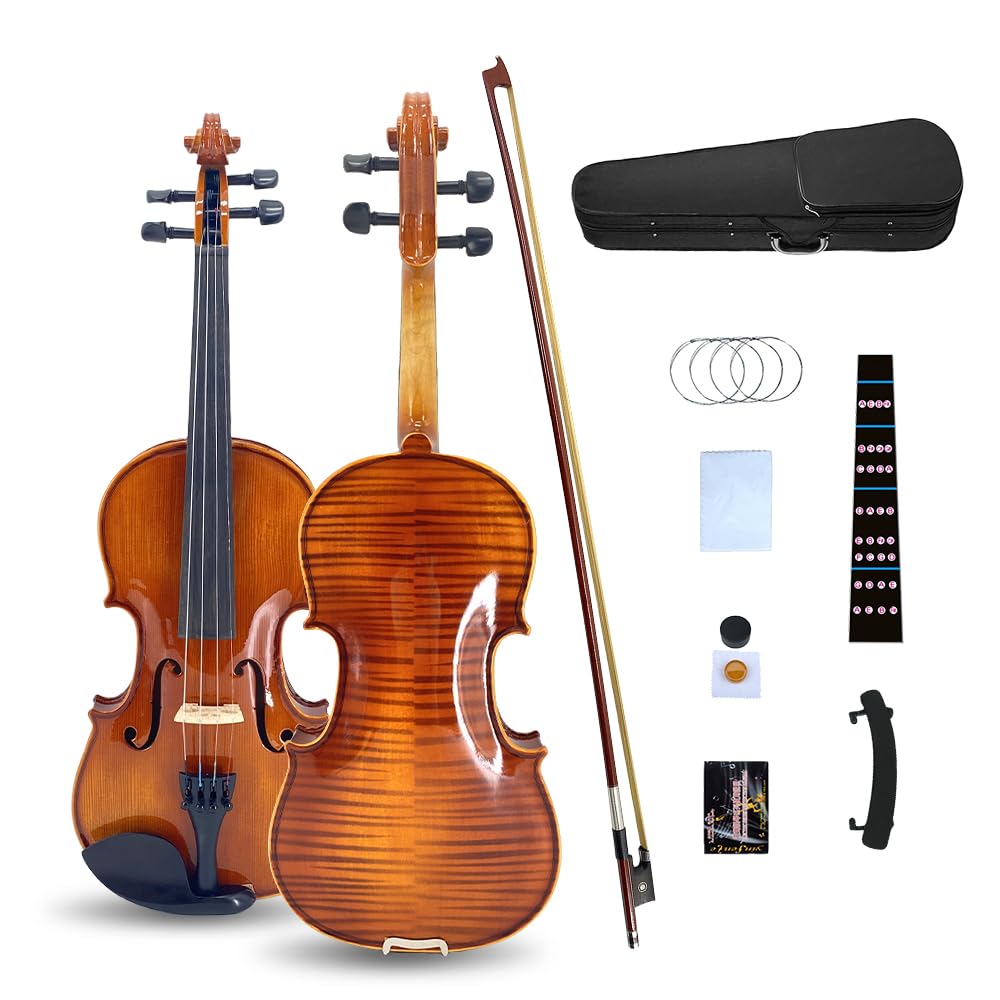 YoungMonic 3/4 Violin Set for Beginners Handmade Acoustic Violins Set Fiddle Kit with Shoulder Rest Bow Bridge Hard Case and Extra 4strings