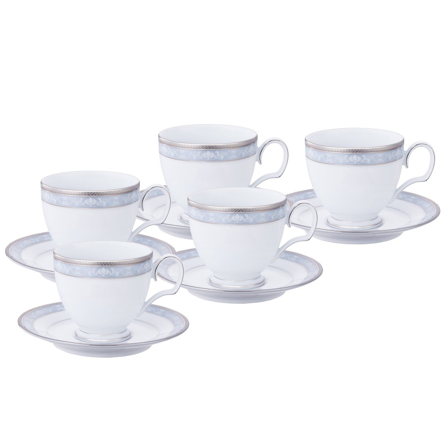Noritake F91988/4336 Cup & Saucer Set (Can Be Used as Coffee and Tea, 8.5 fl oz (250 cc), Hampshire Platinum, 5 Servings, Fine Porcelain