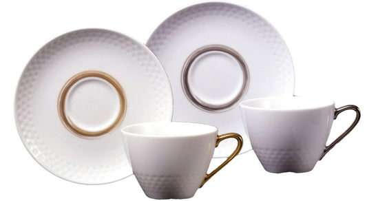 Noritake P5389L/1605-6 Noritake Cup & Saucer (Pair) (Coffee Tea Combination), 210cc Ami, 2 Guests, Gold, Silver, Fine Porcelain