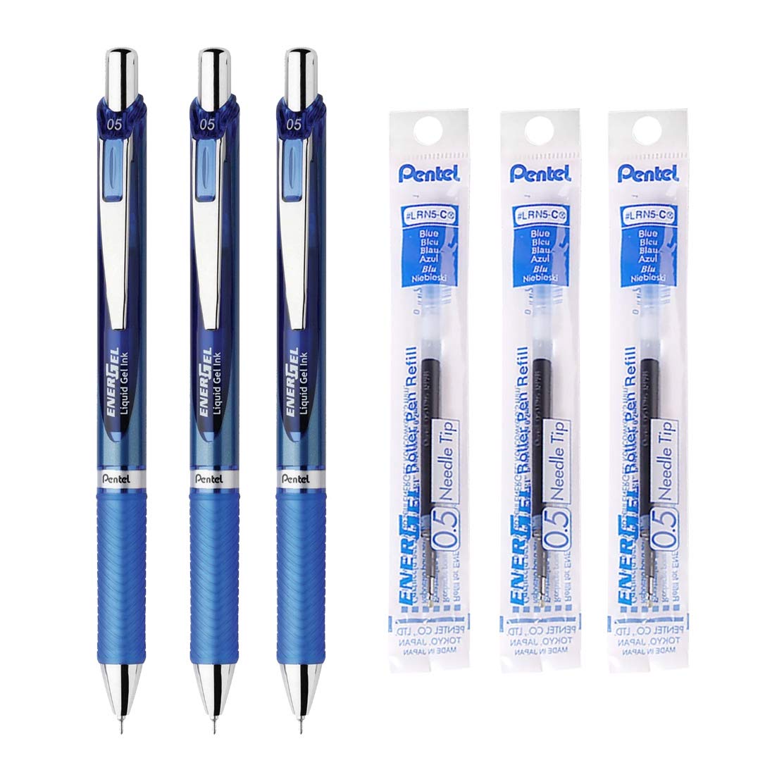 EnerGel Pentel Retractable Liquid Gel Pen, 0.5mm, Blue Ink, Blue Body, 3 Pens & 3 Ink Refills
