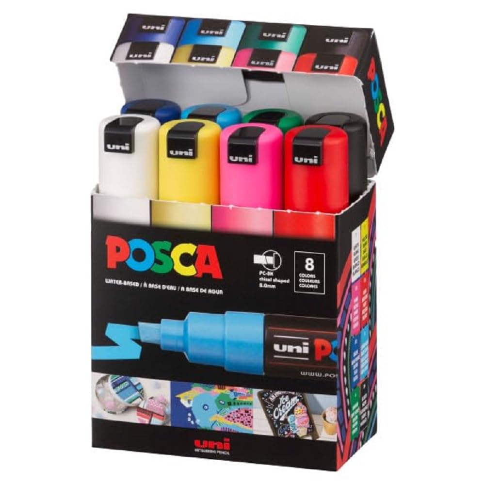 Authentic Posca Marker Set, 8 Professional Grade Posca Markers with 8K Broad Chisel Tips