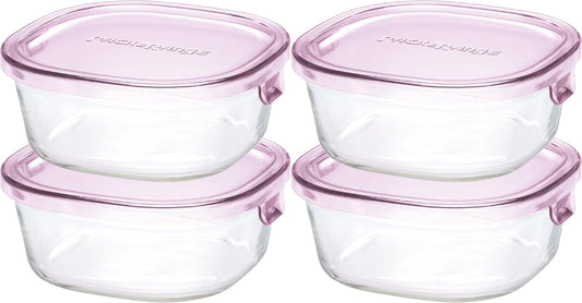 iwaki KC3240N-P Heat-resistant Glass Storage Container, Pink, Square Shape, S, 15.2 fl oz (450 ml) x 4 Pieces, Rice, 1 Pair Pack & Range
