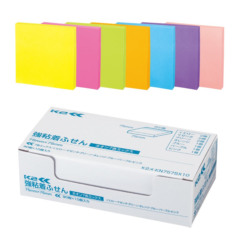 Kokuyo KN7575X10 Sticky Notes, Strong Adhesive, K2, 3.0 x 3.0 inches (75 x 75 mm), Neon Color, 90 Sheets x 10 Sheets, 7 Colors, K2 Mé