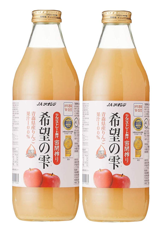 Kibou no Shizuku - "Droplets of Hope" Premium Aomori Apple Juice, 100% Pure Variety Blend, No Preservatives, Monde Selection Gold Medal Winner - 1,000ml (33.8 fl oz) (pack of 2 bottles)