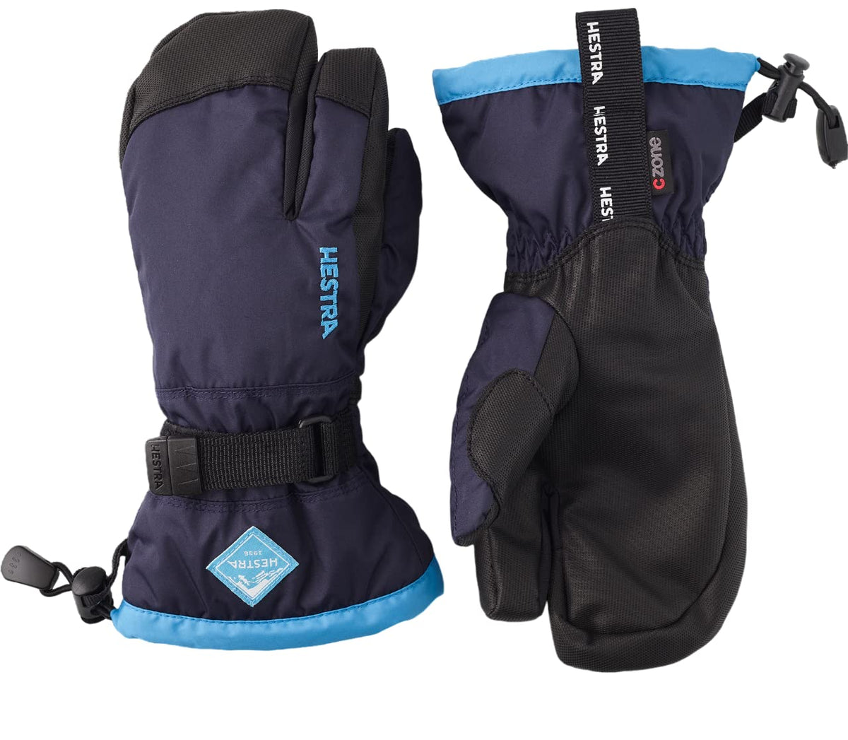Hestra Gauntlet CZone Junior Glove (Youth 4-13yrs) | Waterproof, Insulated 3-Finger Kids Snow Gloves for Winter, Skiing & Playing in The Snow - Dark Navy/Turquise - 5