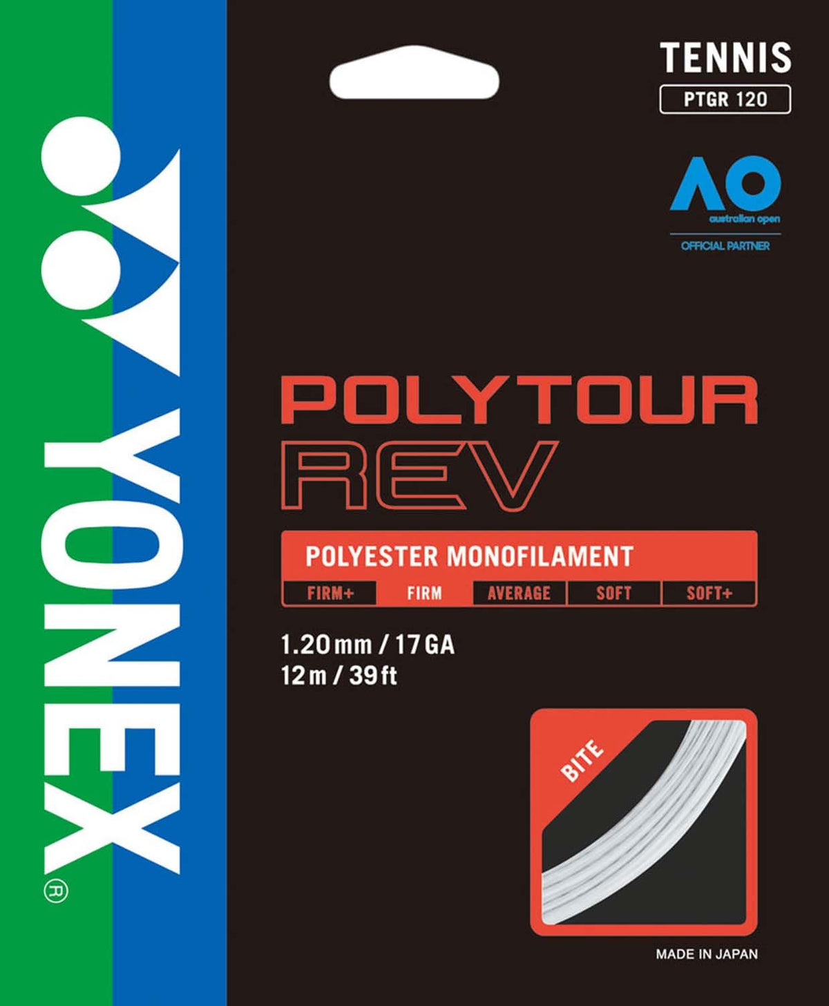 YONEX PTGR120 Tennis Hard-Type Tennis String, PolyTour Rev 120 Strung High Rotation Spin White (011)