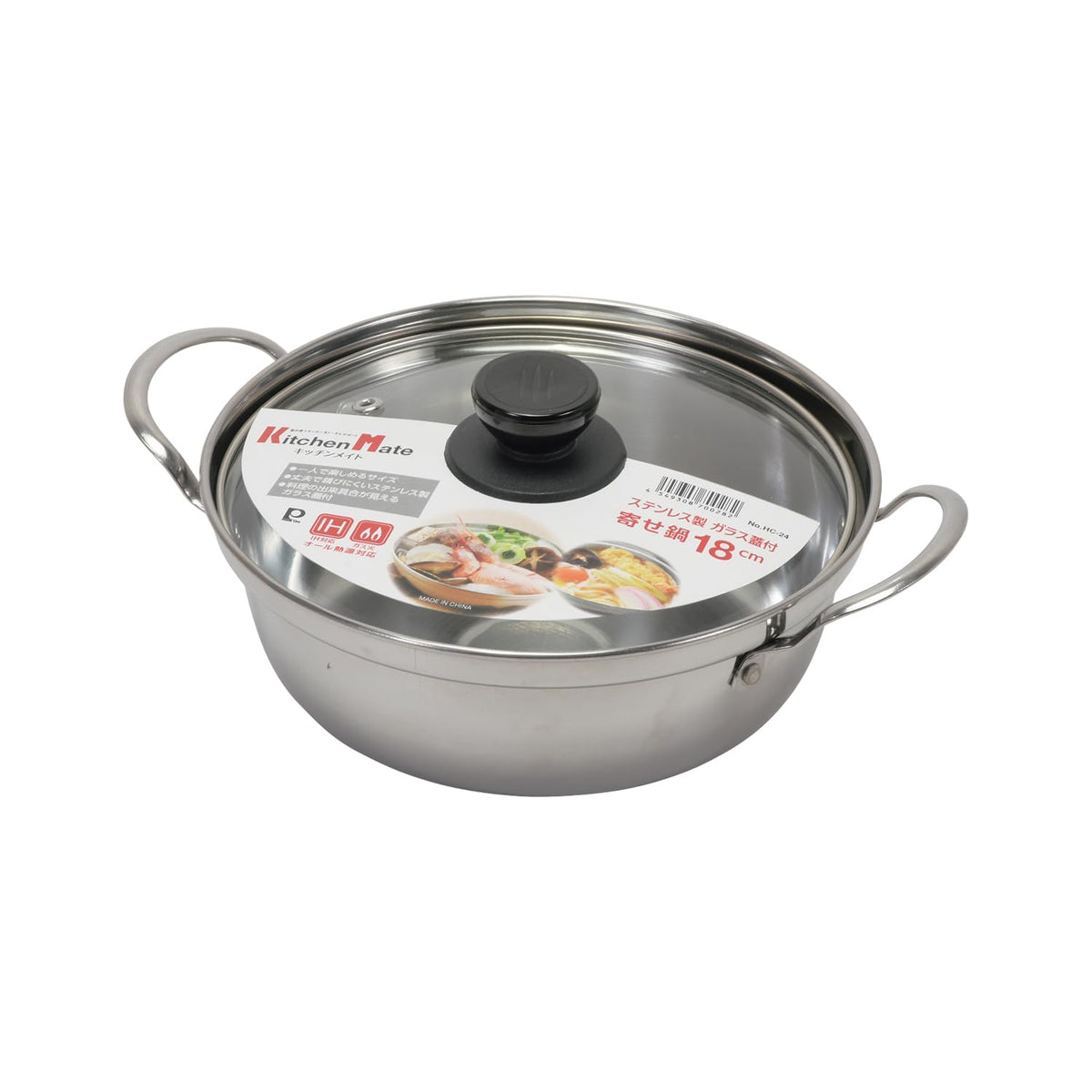 Pearl Metal HC-24 Kitchen Mate Pot, 7.1 inches (18 cm), Induction Compatible, Glass Lid Included, Stainless Steel, for One Person