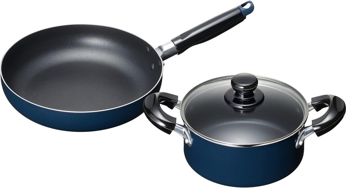 Wahei Freiz MB-2378 Easy Care Cookware Set B: Two-Handled Pot, 7.1 inches (18 cm) & Frying Pan, 9.4 inches (24 cm), Blue, Fluorine Resin Treatment, Induction and Gas Compatible