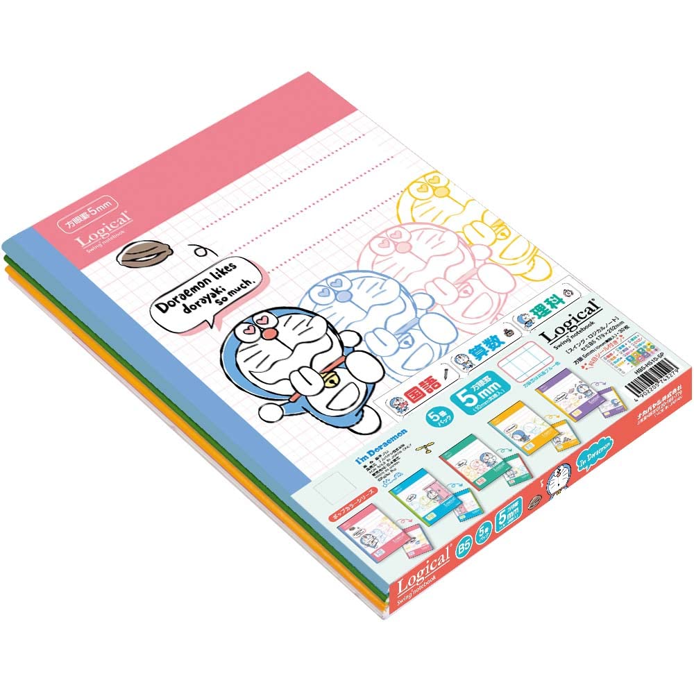 Nakabayashi HB5-H510-5P Fujiko Pro/I Doraemon Swing Glossy Notebook, Semi B5, 0.2 inch (5 mm) Ruled, 30 Sheets, Pop Color, 5 Pack