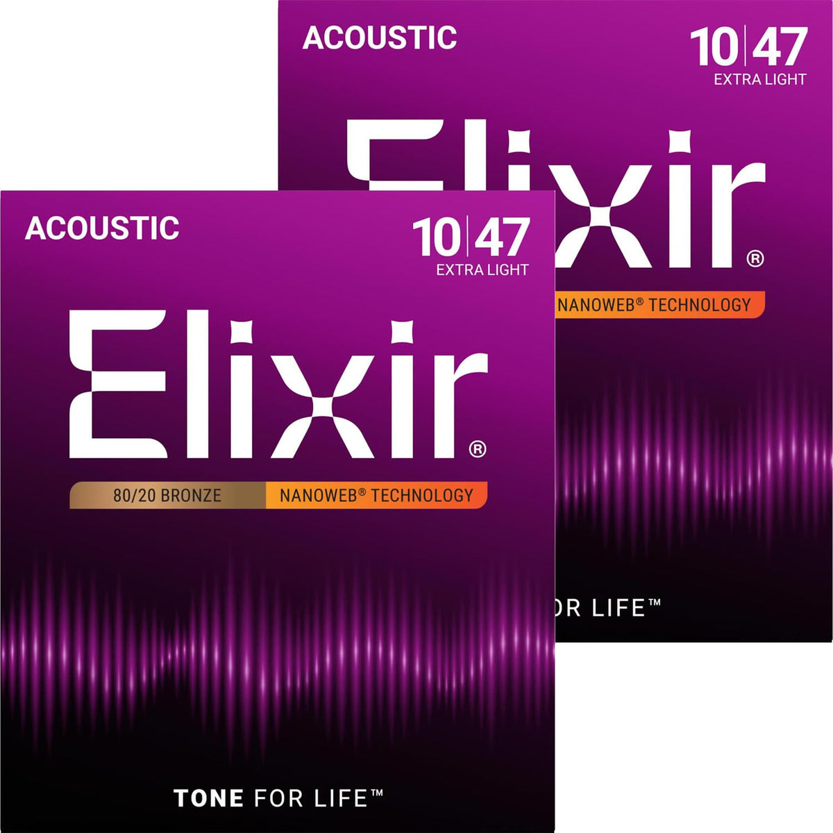 Elixir Strings, Acoustic Guitar Strings, 80/20 Bronze with NANOWEB Technology, Longest-Lasting Bright and Focused Tone For Life with Comfortable Feel, 6 String Set, Extra Light 10-47 (Pack of 2)