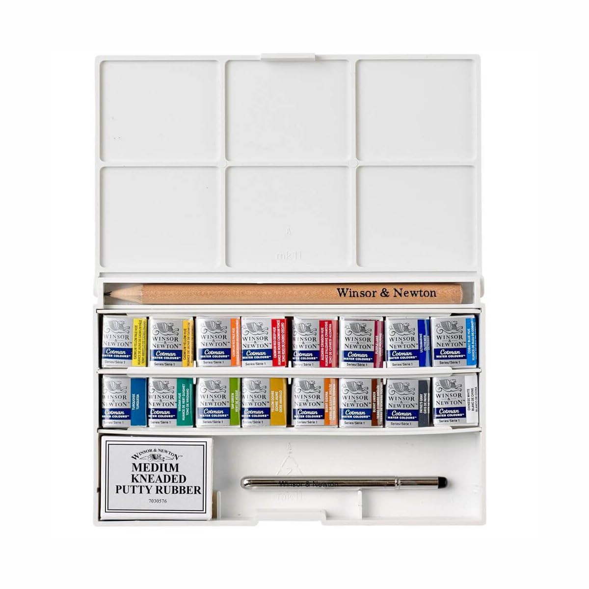 Winsor & Newton Cotman Watercolor Paint Set, Complete Pocket Set, 16 Half Pan w/ Brush, Eraser, Mixing Palette