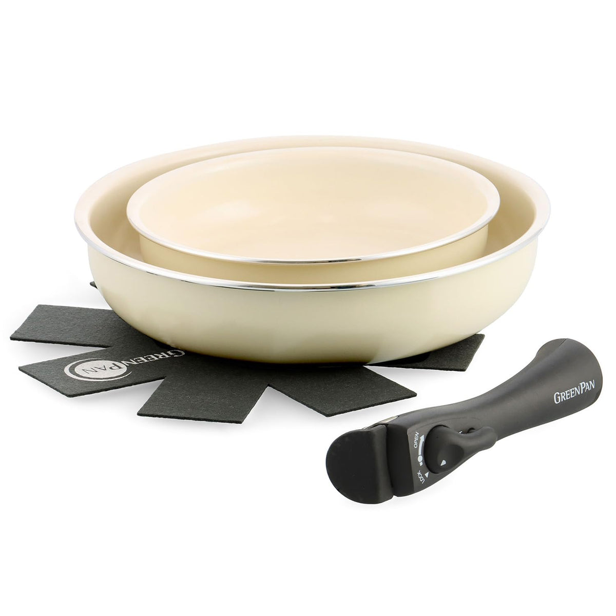 GREENPAN CC007538-004 Green Pan, Set of 4, Removable Handle, IH Gas, Dishwasher Safe, Non-Toxic Substances, PFAS Free, Ceramic Coating, Click Chef, Stick-Resistant, Easy to Remove Stains, Cream, White