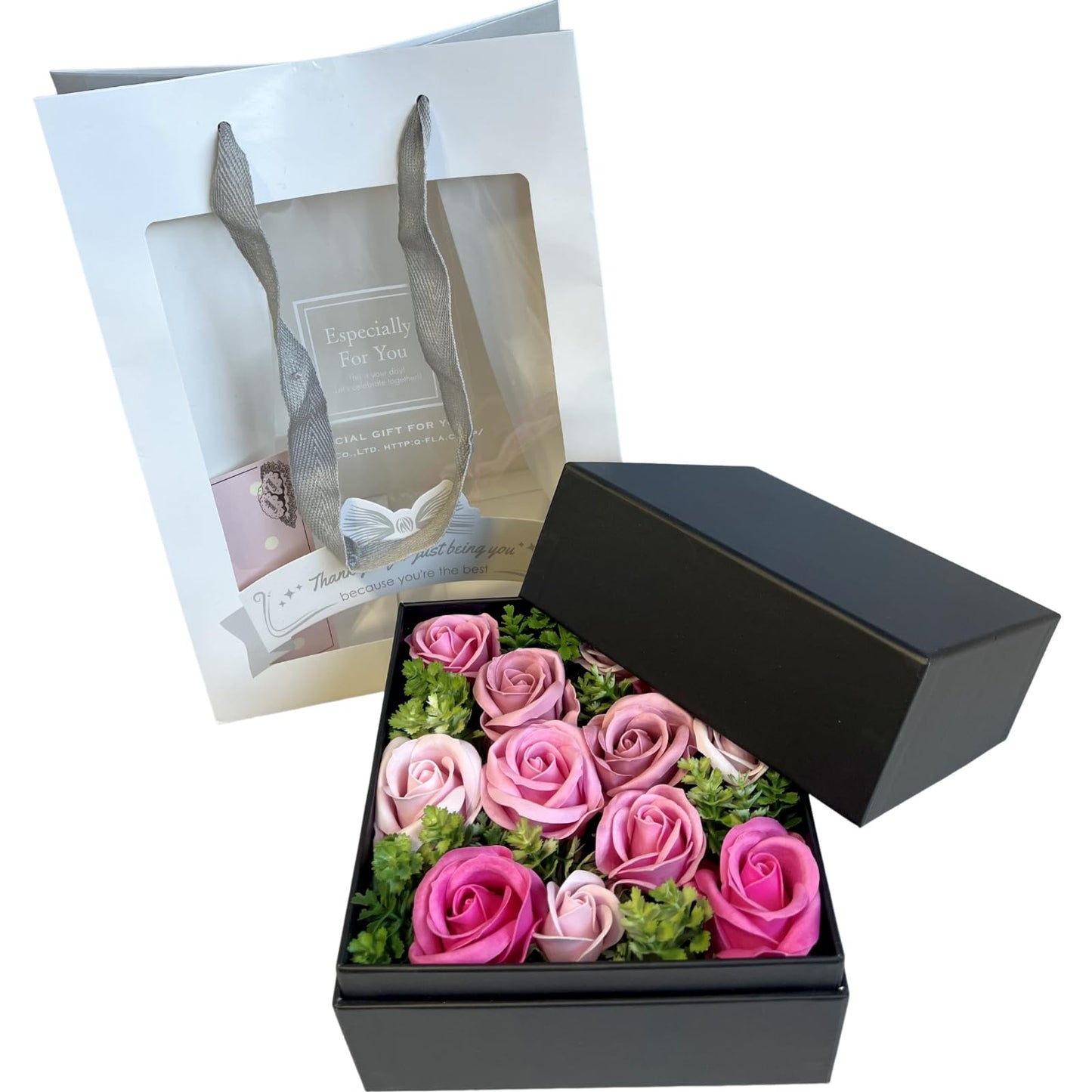 Q-FLA 840623 Soap Flowers, Artificial Flowers, Black Box Arrangement, Pink Arrangement, Celebration, Thank You, Birthday