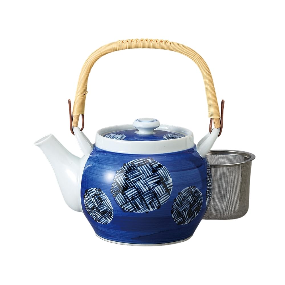 Ale-net Teapot Pot (Stainless Steel with Tea Strainer) 5.3 x 4.7 inches (13.5 x 12 cm), 900 cc, Arita Ware, Round Crest Kagome with Basket Net, No. 6 Earthenware, Porcelain, Made in Japan, Fashionable