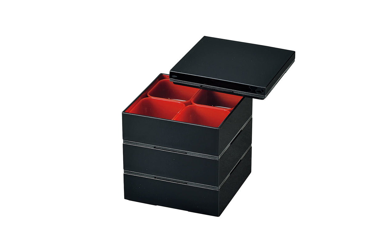 Tatsumiya 549133 Hakoya Heavy Box, 5.0 Square Tri-Tier (6.7 fl oz (2,100 ml), Vermilion Black Inner
