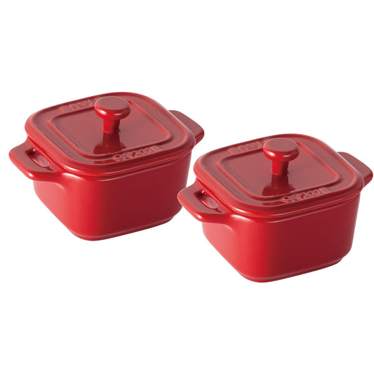 Staub 40511-098 Square Cocotte Pair, Cherry, 3.1 inches (8 cm), Set of 2, Ceramic, Heat Resistant, Storage Container, Microwave Safe
