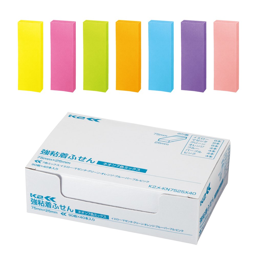 Kokuyo KN7525X40 Sticky Notes, Strong Adhesive, K2, 3.0 x 1.0 inches (75 x 25 mm), Neon Color, 90 Sheets x 40 Pieces, 7 Colors, K2 Me