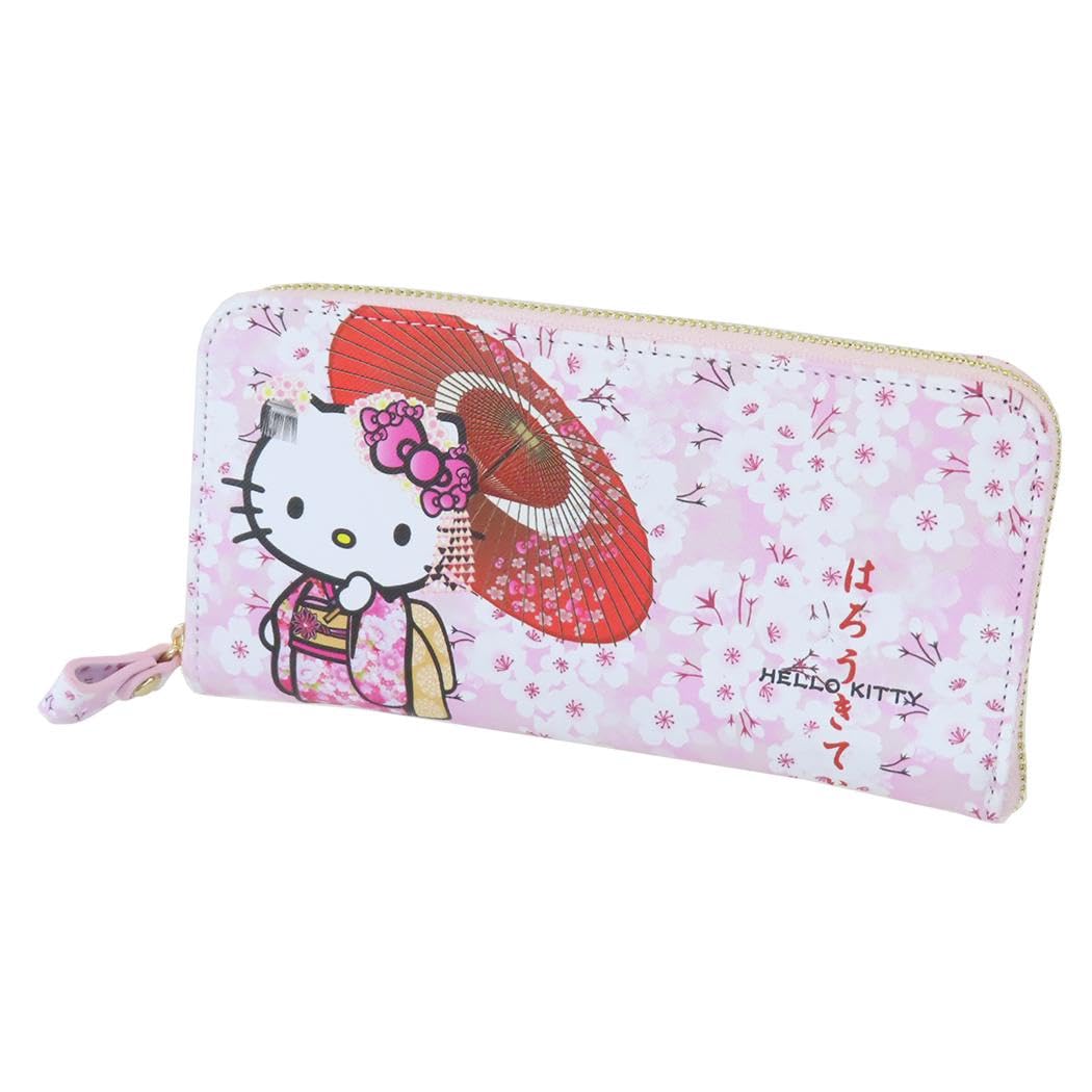 ヤスダ通商 Japanese Pattern Series Wallet, Land Zipper, Hello Kitty Land Fastener, Cherry Blossoms and Umbrellas, H100×W200×D30mm, 4580122513092