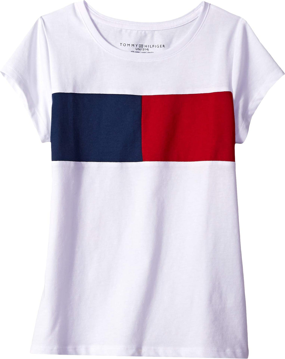 Tommy Hilfiger Girls Short Sleeve Scoop Neck T-Shirt, Crewneck & Pull On Style, Flag Logo Print, white, S7