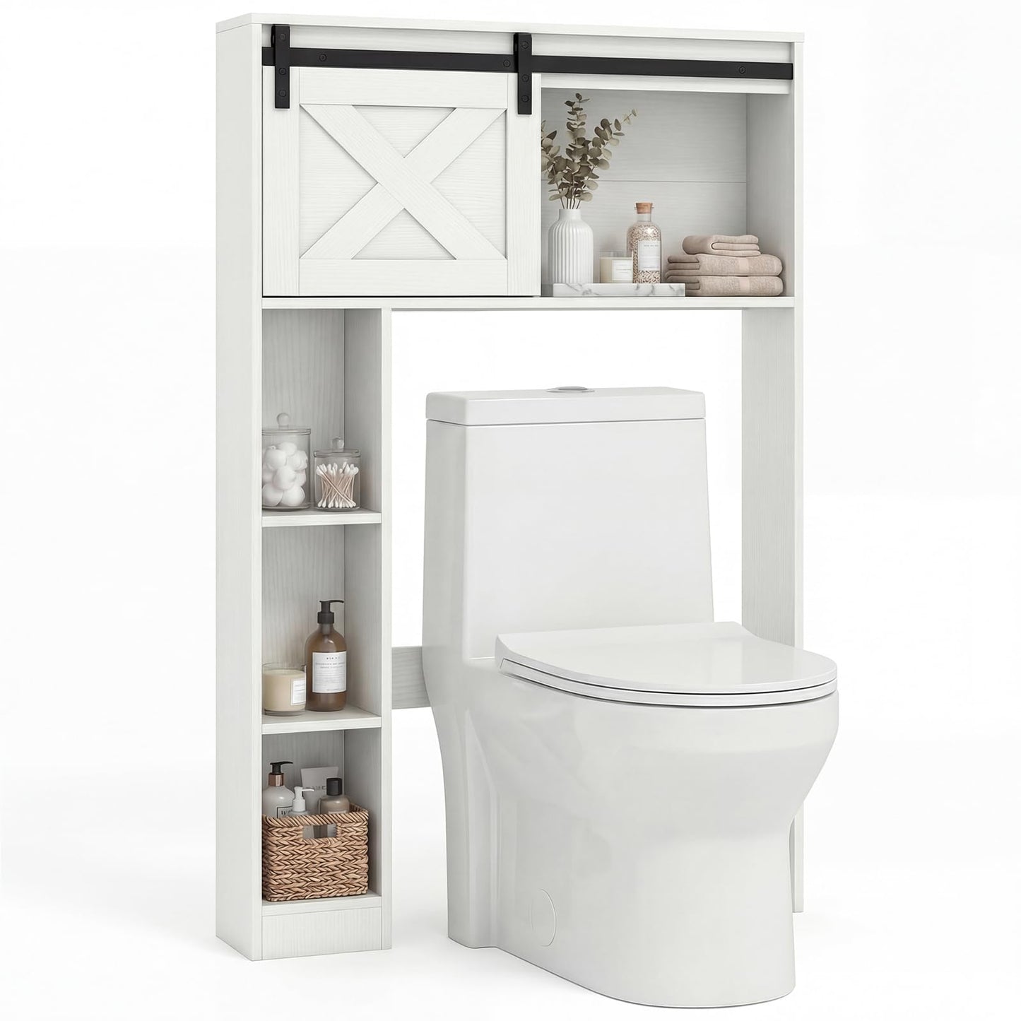 GIANTEX Over The Toilet Storage Cabinet - Freestanding Bathroom Organizer with Sliding Barn Door & Storage Shelves, Multifunctional Bathroom Toilet Rack for Bathroom, Restroom, Laundry (White)