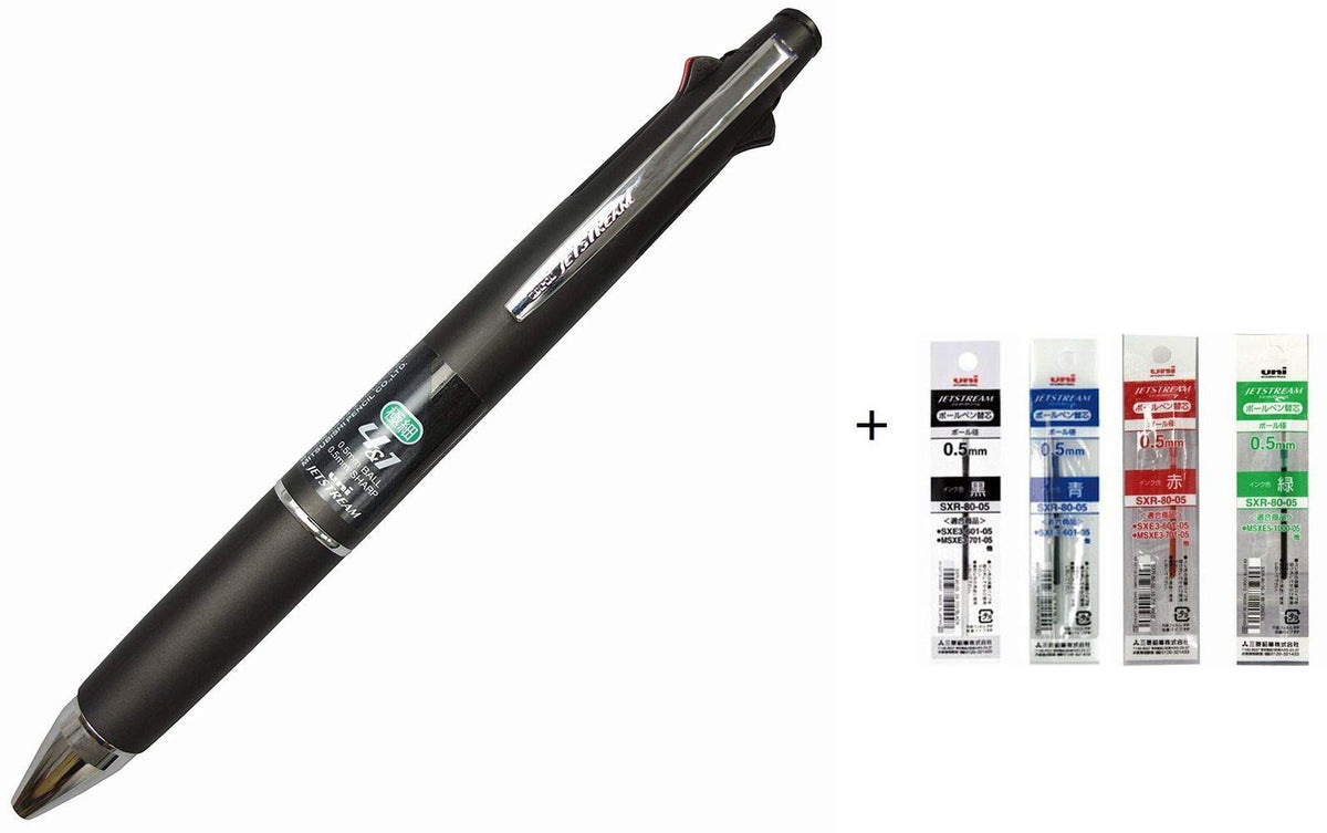 Uni Jetstream 0.5 mm Ballpoint Multi Pen and 0.5 mm Pencil Black Body (MSXE510005.24) + Refill 4 Color Set (Black,Blue,Red,Green) SXR-80-05 0.5mm