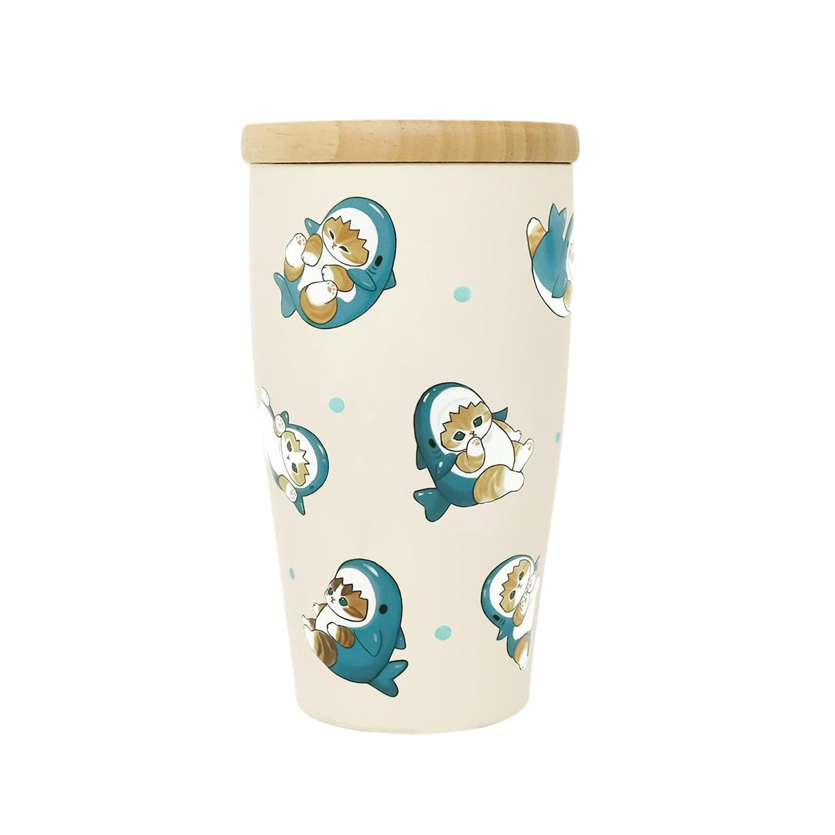 東亜金属(Toa) mofusand 53-2096 Double Vacuum Tumbler with Wooden Lid, 11.8 fl oz (350 ml) [Shark Nyan] Office, Work Desk Cup, Hot and Cold Insulated, Cute, Cat