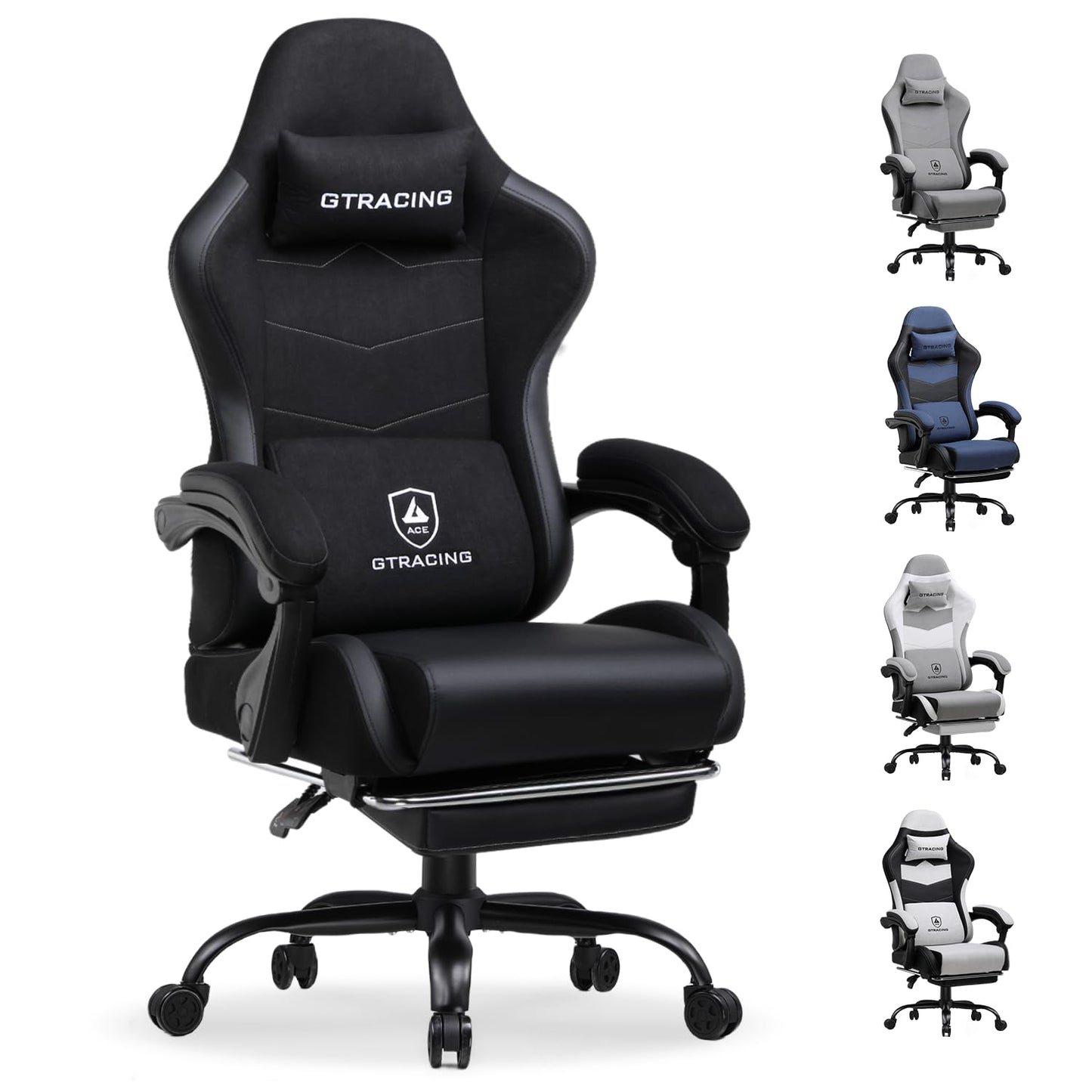 GTRACING Gaming Chair, Modern Black Fabric, Ergonomic, Office & Gaming, 296 lbs Capacity, Recliner, Ottoman, Arm Rest, Non-Stuffy, Breathable, High Resilience Urethane