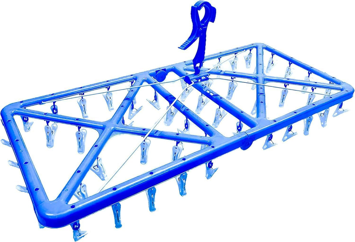 Suikan Norensho Laundry Clothes Drying Wire Corner Hanger, Foldable, Includes 52 Pinches, Room Drying, Includes Hooks, Blue, Approx. Width 33.1 x Depth 15.4 x Height 11.8 inches (84 x 39 x 30 cm)