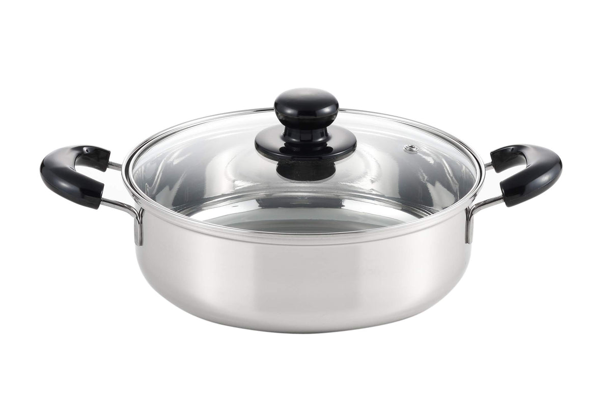 Shin Yoshikawa Cook Look II Made in Japan, Shallow Type, Double Handed Pot, 9.4 inches (24 cm), Stainless Steel, Triple Layer Steel, IH Compatible, Gift Wrapping Specifications