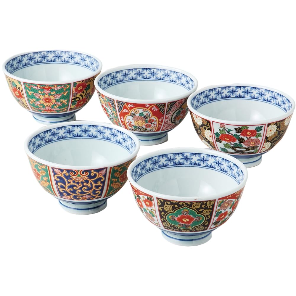 Ale-net Rice Bowl, Set of 5, Diameter 4.5 x Height 2.6 inches (11.5 x 6.5 cm), Nishiki-e Hari Rice Bowl, Set of 5, Arita Ware Porcelain