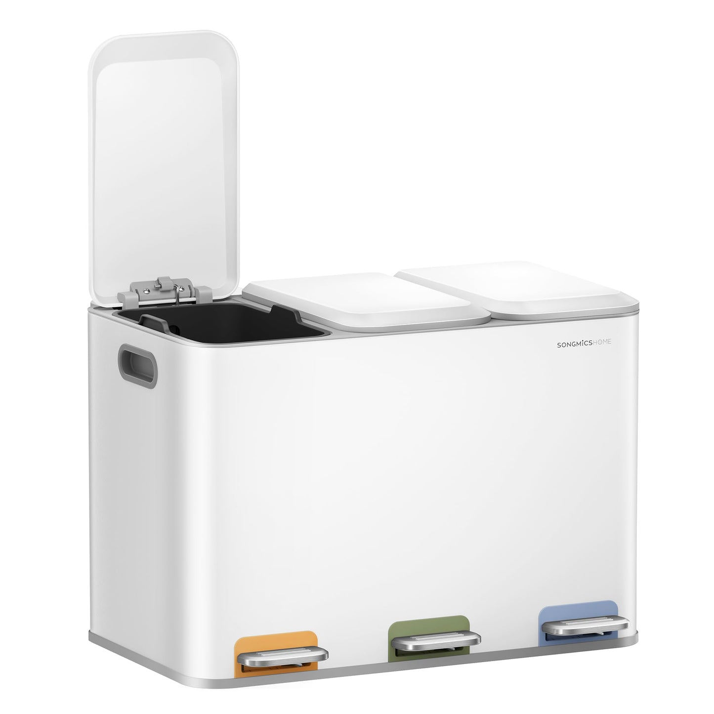 SONGMICS HOME Triple Kitchen Basket, Waste Bin for Separated Collection 3 x 15 L with Coloured Pedals, Separated Collection, Lid and Inner Buckets, Steel, Cloud White