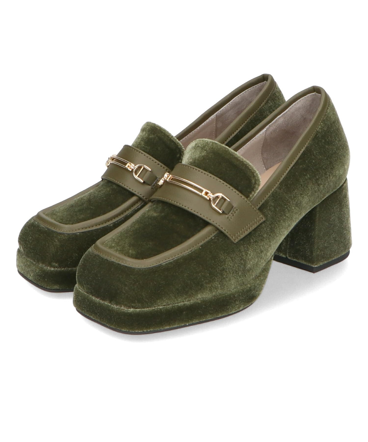 Oriental Traffic 41303 Women's Pumps, Loafers, Thick Bottom, Velour, Fall and Winter, Heel Loafers, Square Toe, Green, 23.5 cm