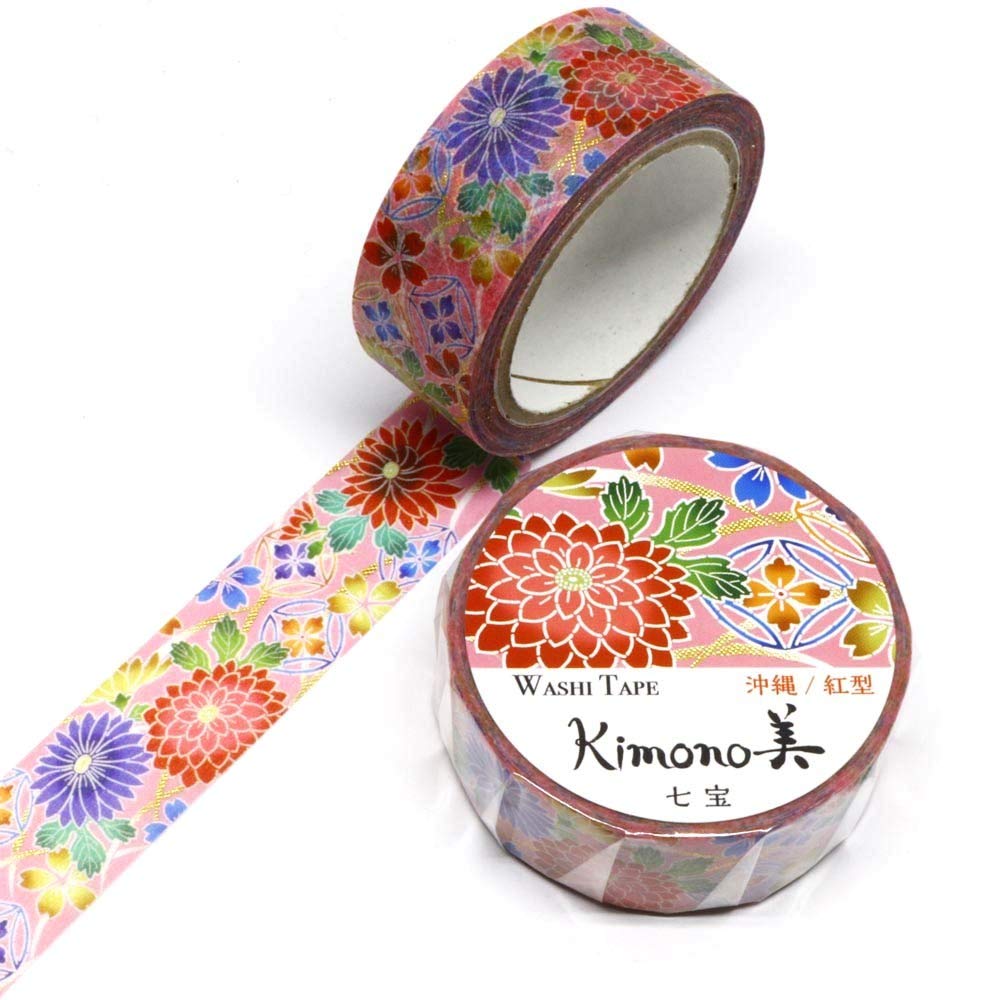 Okinawa Cloisonne Flower Washi Tape 15mm - Kamiiso Kimono Masking Tape Foil Stamping for Scrapbooking Journaling DIY