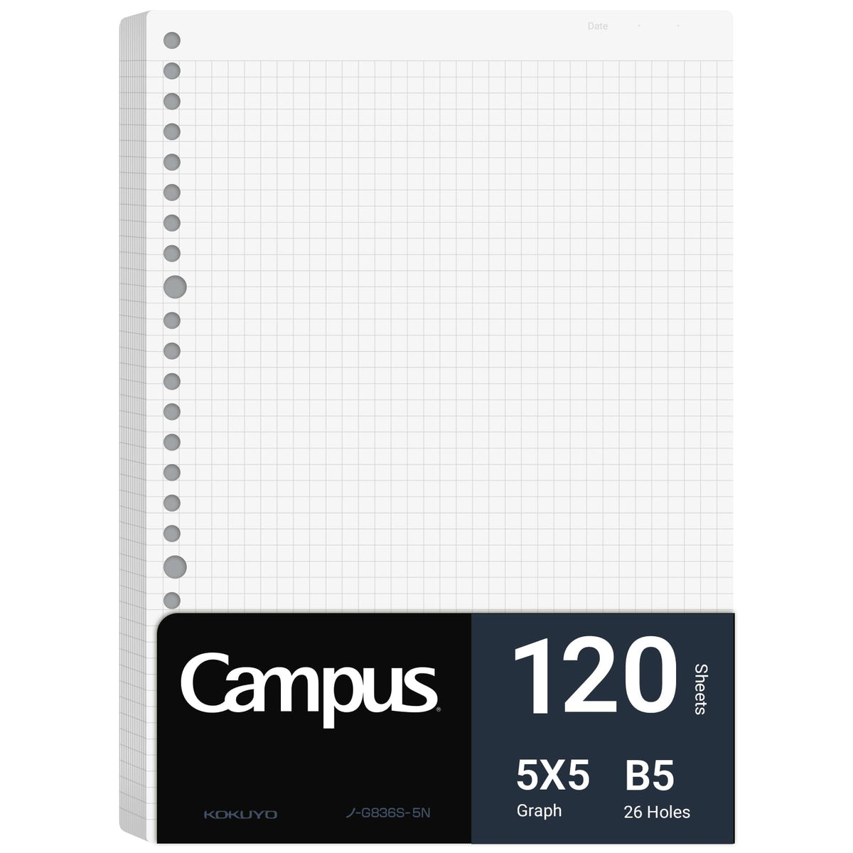 Kokuyo Campus Loose Leaf Paper for Binders, Business Type, Sarasara Smooth Writing, B5, 5mm Grid Ruled, 26 Holes, 120 Sheets, pH Neutral, Bleed Resistant (NO-G836S-5N)