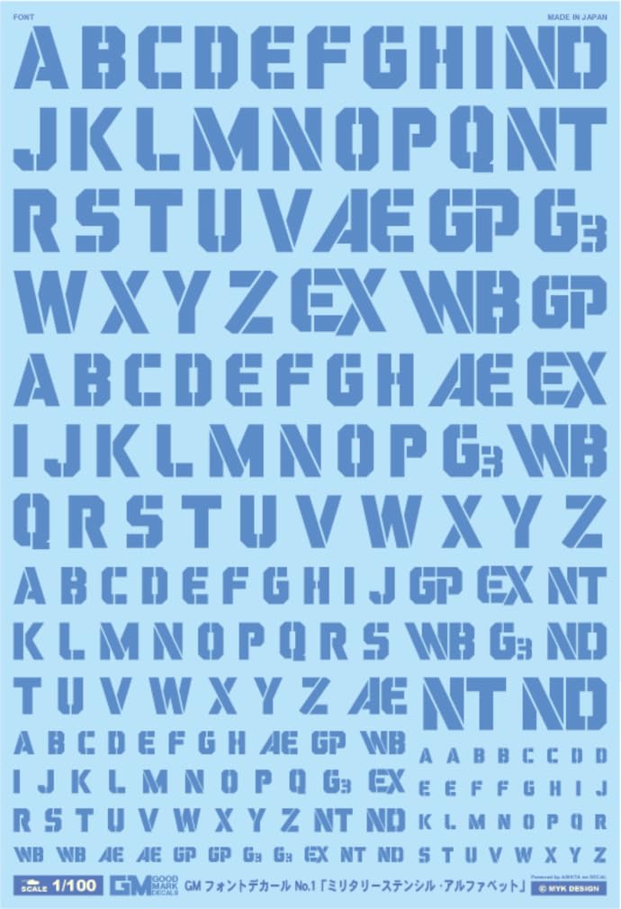 GM-174 1/100 GM Font Decal No.1 "Military Stencil/Alphabet" [Cool Blue] Universal Water Transfer Decal, Good Mark Decal, MYK DESIGN [Acita Decal]