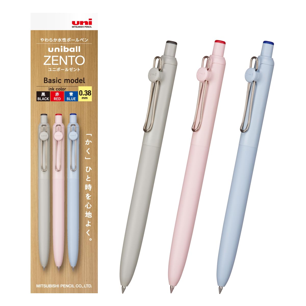 Mitsubishi Pencil Uniball ZENTO Basic 0.38 Water-Based Ballpoint Pen Set of 3 Black Red Blue UBNZS38.3C