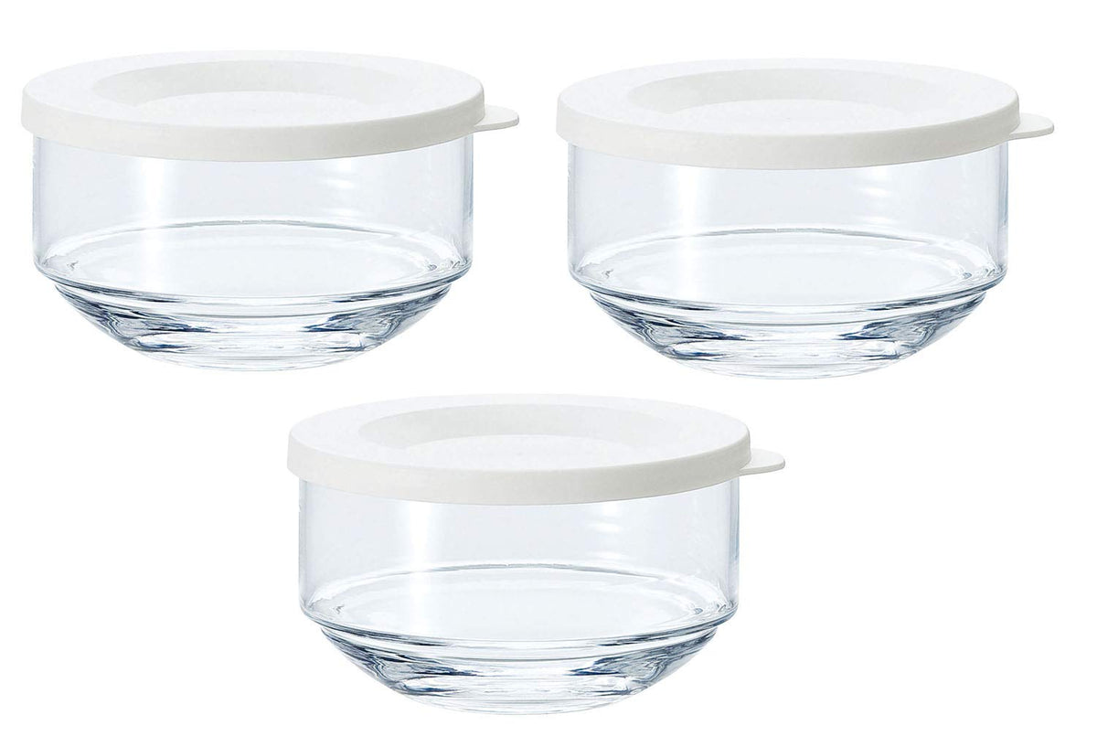 Toyo Sasaki Glass B-31301-W-JAN My Delica Keeper Storage Container, White, Set of 3, Stacks Neatly With Lid On, Glass to See Contents, Made in Japan, Bookmark Included