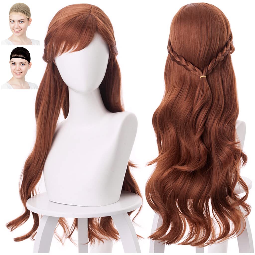 CaseEden Cosplay Wig Frozen2 Anna Anna Braid Long Brown White Merce Wig Net Set of 2