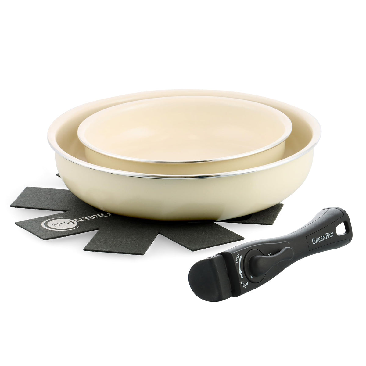 Green Pan, GREENPAN Frying Pan, Set of 4, Removable Handle, IH Gas, Dishwasher Safe, Non-Toxic Substances, PFAS Free, Ceramic Coating, Click Chef, Stick-Resistant, Easy to Remove Stains, Cream, White