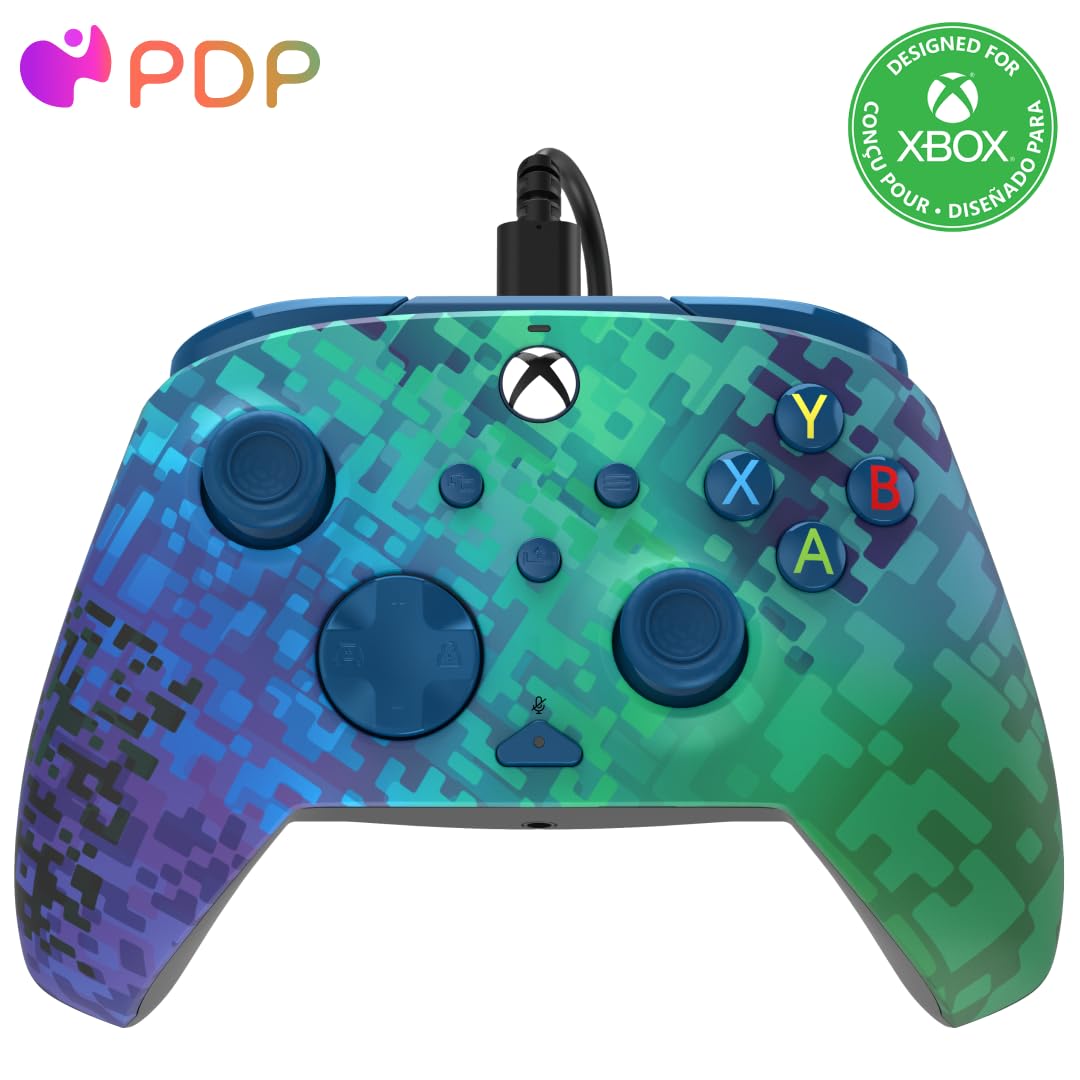 PDP Gaming REMATCH Enhanced Wired Gaming Controller: Licensed Xbox Series X|S Gamepad, Xbox One, PC, Mappable Back Buttons, Customizable Triggers, Audio Control, Companion App: Glitch Green/Blue