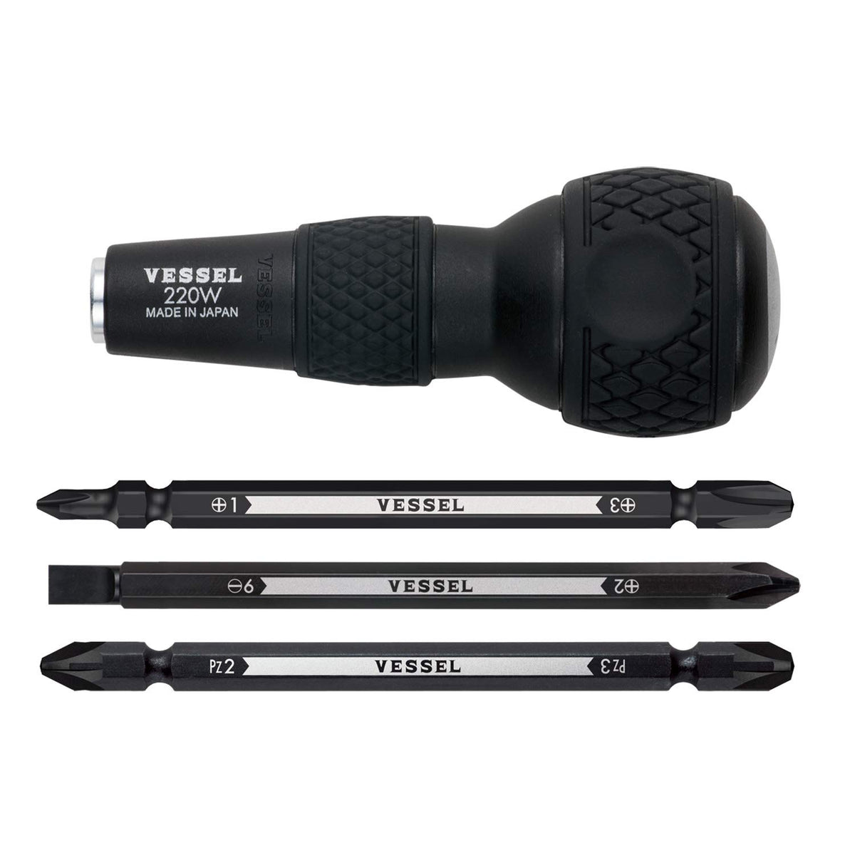 VESSEL BALL GRIP 1/4" Hex. Bit Interchangeable Screwdriver (Bit 3PC. (+1, +3 / +2, -6 / PZ2, PZ3) SET. 220W3J1)