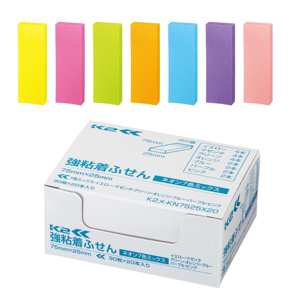 Kokuyo KN7525X20 Sticky Notes, Strong Adhesive, K2, 3.0 x 1.0 inches (75 x 25 mm), Neon Color, 90 Sheets x 20 Pieces, 7 Colors, K2 Me