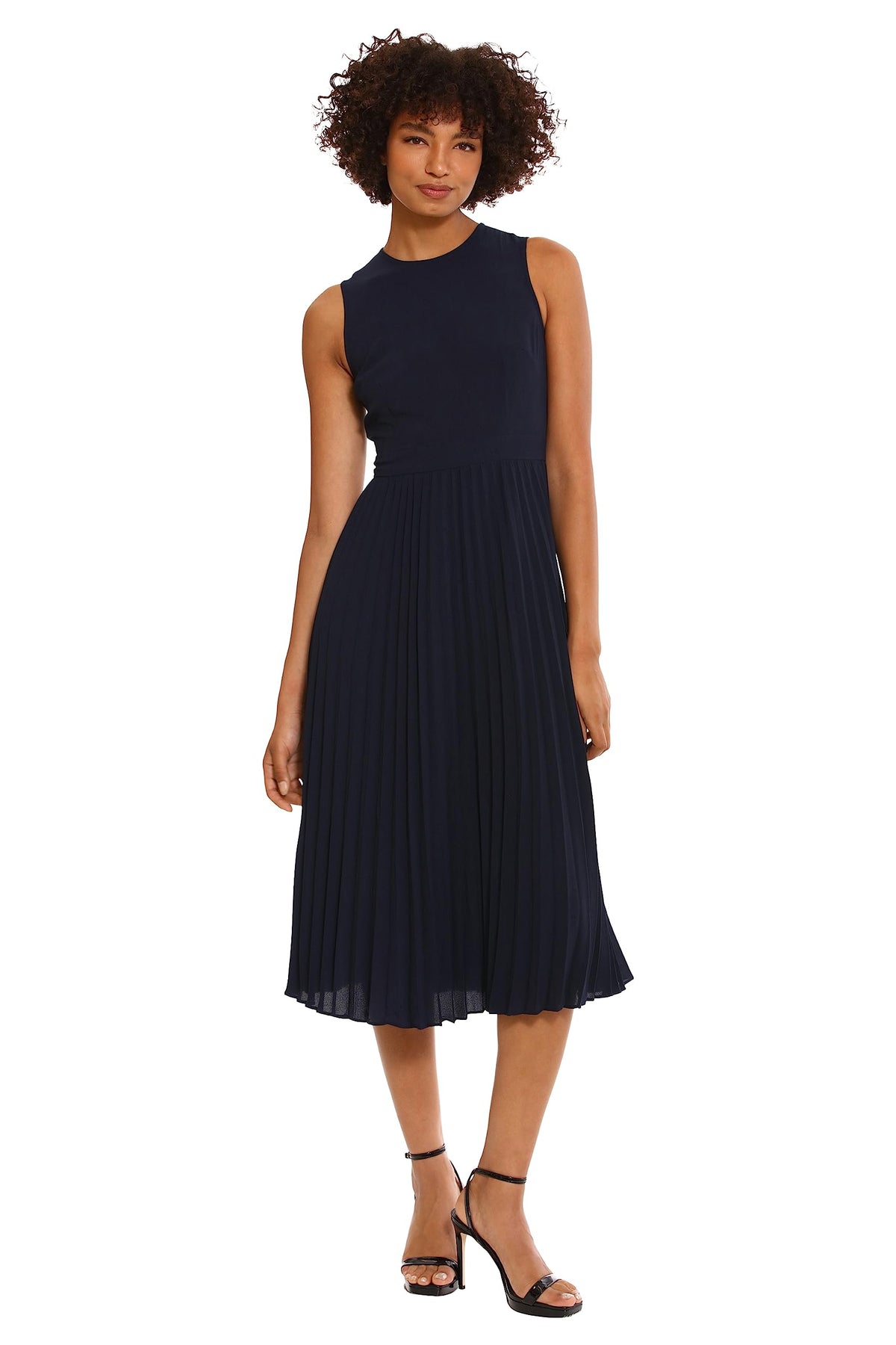 Donna Morgan Women's Dresses Sleeveless Stretch Light Bubble Crepe Pleated Skirt Midi Dress