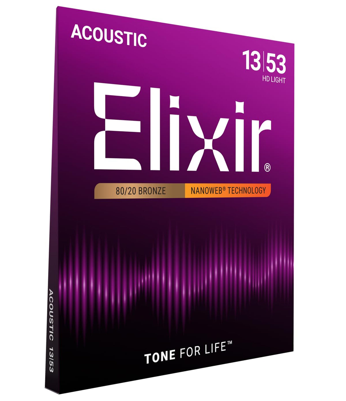 Elixir Strings, Acoustic Guitar Strings, 80/20 Bronze with NANOWEB Technology, Longest-Lasting Bright and Focused Tone For Life with Comfortable Feel, 6 String Set, HD Light 13-53