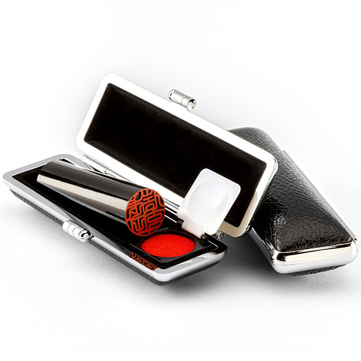 【Kouhodo】 "Japanese Black Buffalo Seal" Black Case Set with Vermilk, Premium Core Holding Black Buffalo Handstick, Hanko, Real Stamp, Bank Seal, Certificate, Personal Seal, Personal Business Men
