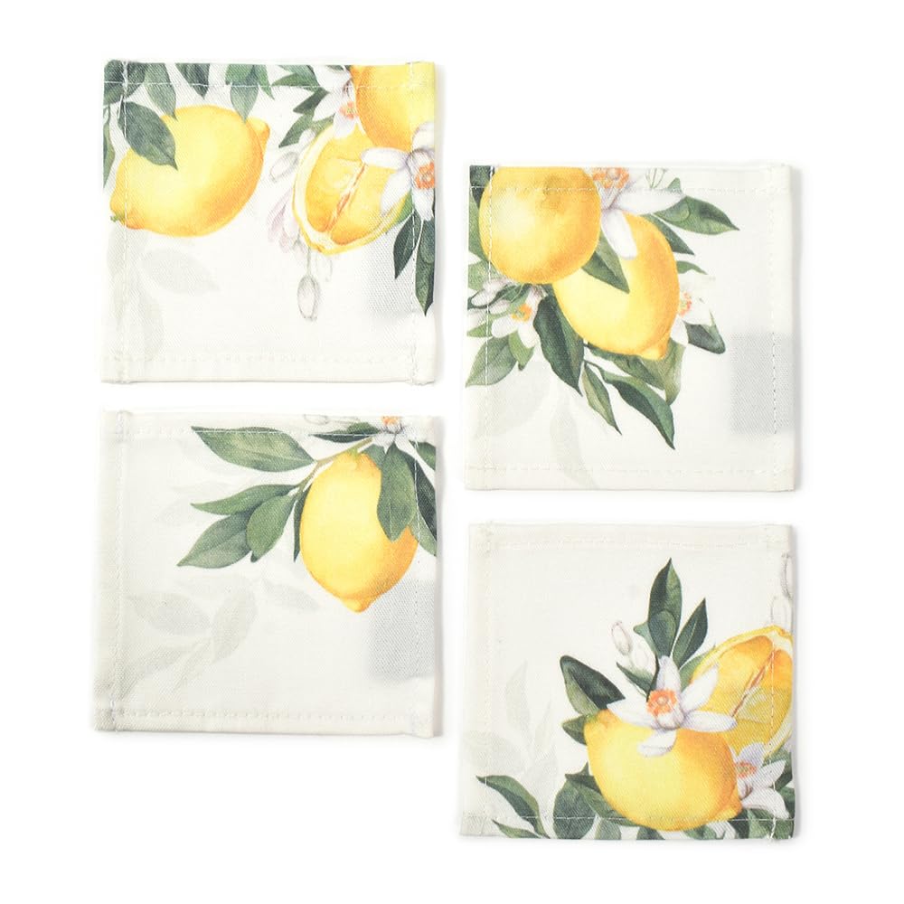 Style Decor W3005200 Coasters, 100% Cotton, Fashionable, Cloth, Set of 4, Washable, Scandinavian Lemon Tree