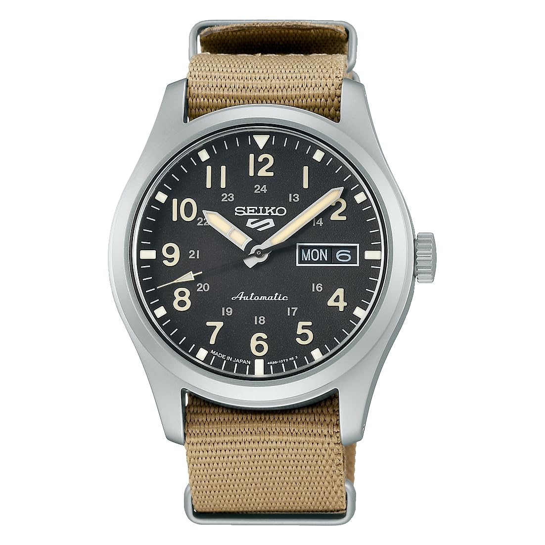 Seiko Watch Five Sports Field Men's Wristwatch, Dial: Black, Band: Beige (Nylon), 1個, Sports Style