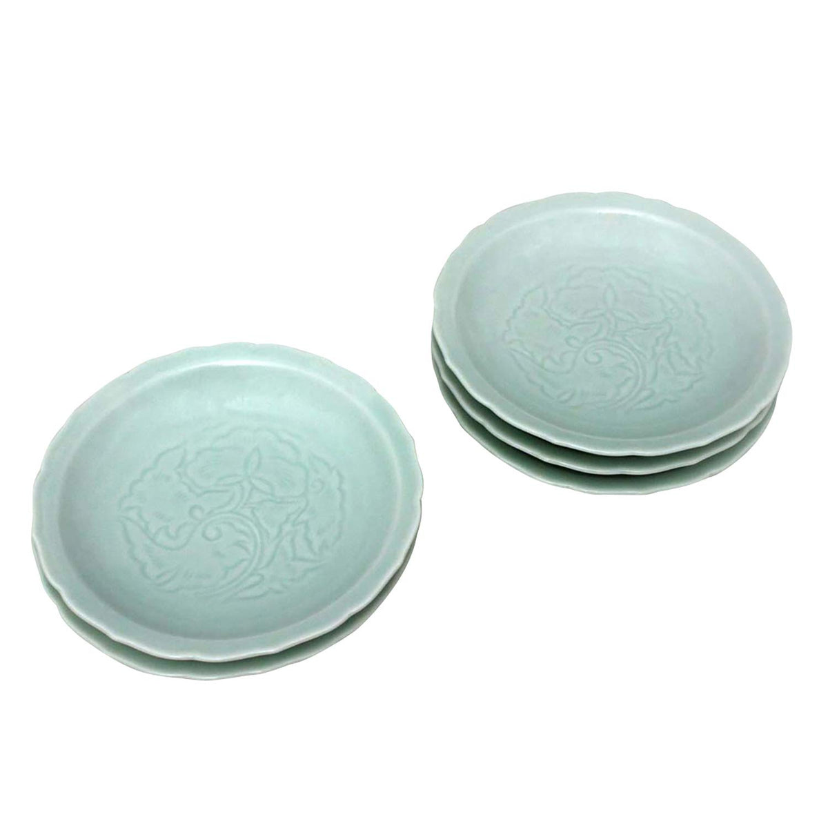 Aritayaki Utsuwa 52654 Imari Pottery Kanzan Kiln Celadon Mat, Arabesque Carving, Deep Serving Plate, Set
